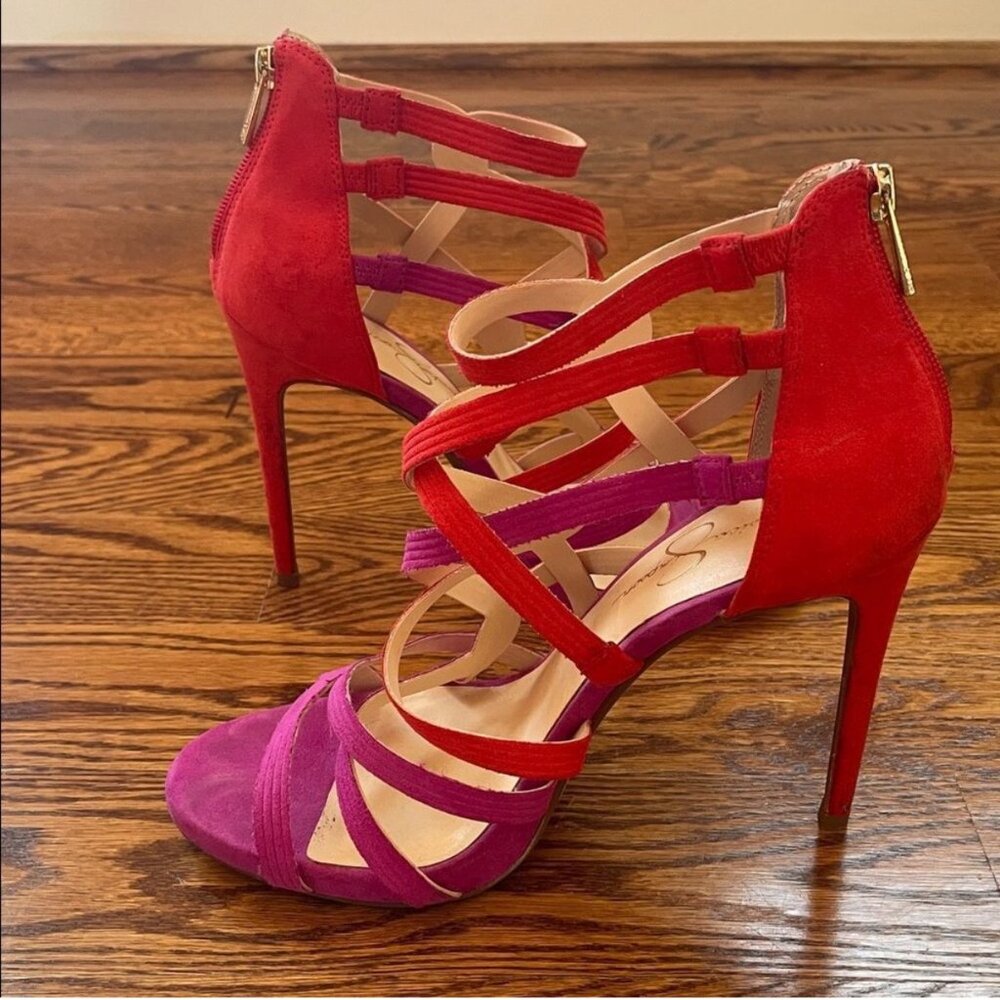 Jessica Simpson Strappy Rainah Red and Purple Faux Suede Heels Size 9.5 - Picture 7 of 11